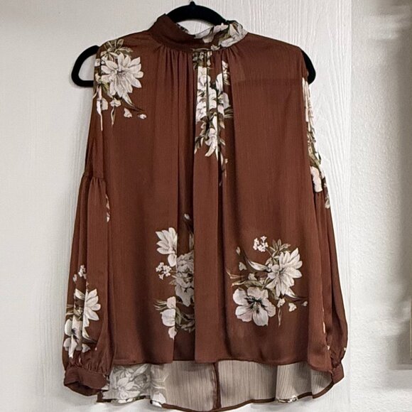 Mango Womens Cold Shoulder Floral Top Brown Size S - Picture 1 of 5